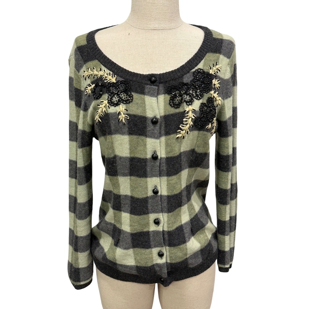 Karen Nicol Green Plaid Lambswool Blend Beaded Lace Cardigan Sweater Academnia